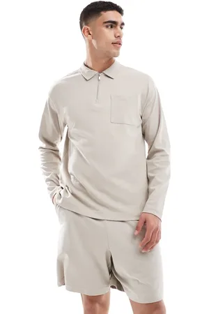 New Look – Langärmliges Oberteil in Stein mit Polokragen und Reißverschluss, Kombiteil