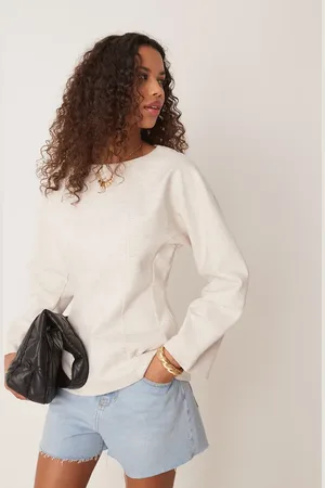 ASOS – Langärmliges Scuba-Oberteil in Hellbeige mit Korsett-Taille