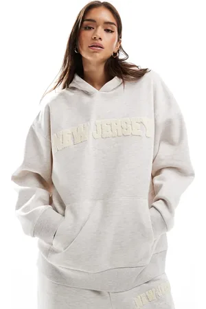 ASOS – Oversize-Kapuzenpullover in meliertem Hellbeige mit „New Jersey“-Motiv aus Chenille, Kombiteil