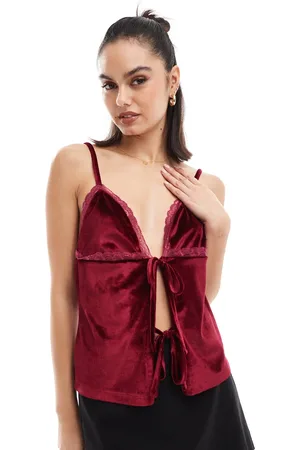 ASOS – Samt-Camisole in Burgunderrot mit gebundener Vorderseite
