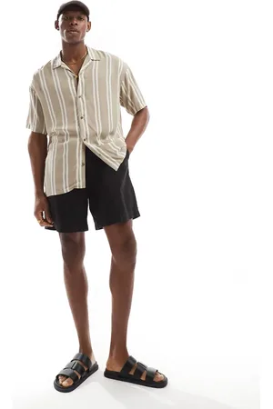 JACK & JONES – Kurzärmliges Hemd in gestreiftem Beige mit Reverskragen
