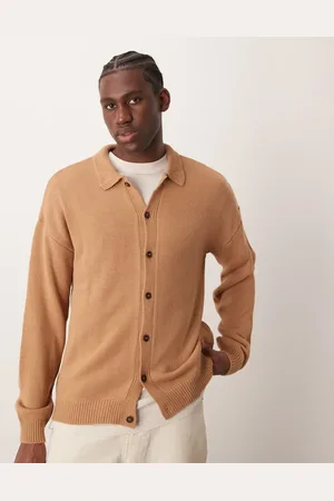ASOS – Strickjacke in Stein mit lockerem, kastigem Schnitt und Kragen