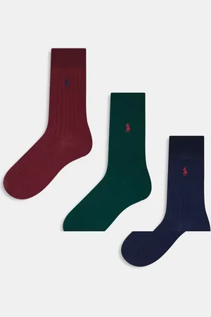 Ralph Lauren – 3er-Pack Socken aus ägyptischer Baumwolle in Marineblau, Burgunderrot und Grün mit Logo