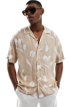 JACK & JONES – Kurzärmliges Hemd in Beige geblümt mit Reverskragen