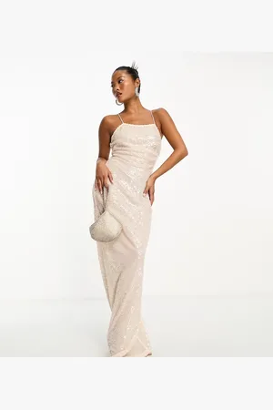 4th & Reckless – Exklusives Pailletten-Maxikleid in Cremeweiß mit eckigem Ausschnitt, tiefem Rückausschnitt und hinten überkreuzten Trägern