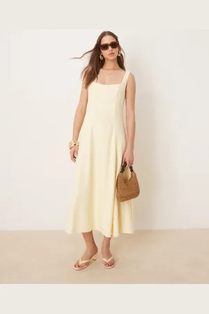 Forever New – Midaxi-Kleid aus Leinen in Zitronengelb mit Kontrastnaht