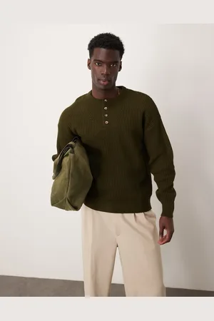 ASOS – Locker geschnittener Henley-Strickpullover in Dunkelgrün