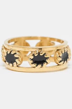ASOS – Goldfarbener Ring aus wasserfestem Edelstahl mit Detail in Seiloptik und schwarzen Achatsteinen