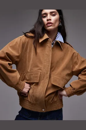 Topshop – Oversize-Bomberjacke aus Wildlederimitat in Hellbraun