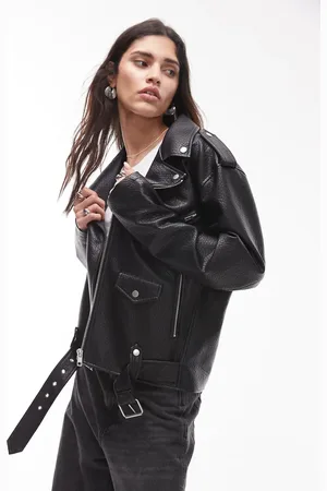 Topshop – Bauschige Oversize-Bikerjacke aus Kunstleder in