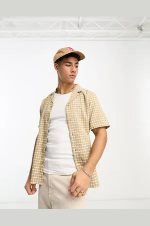 New Look – Strukturiertes Karohemd in Steinbeige mit Reverskragen