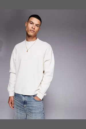 ASOS – Langärmliges, kastiges Oversize-Shirt in Cremeweiß mit Henley-Ausschnitt und Waffelstruktur