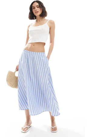ASOS – Weiter Midirock aus Baumwolle mit blauen Streifen