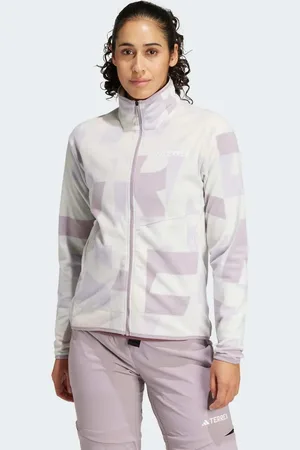 adidas Terrex – Bunt gemusterte Fleecejacke in graue Eins/Preloved-Fig mit Reißverschluss