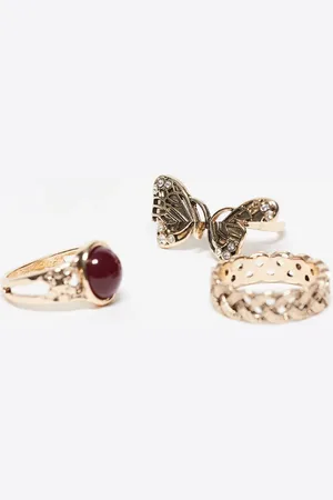 Reclaimed – 3er-Pack Ringe in Gold mit Schmetterling-Detail und rotem Kunststein