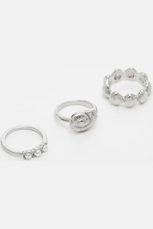 ASOS – 3er-Pack silberfarbene Ringe mit Kunstperlen- und Muscheldesign