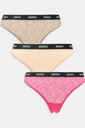 HUGO BOSS – 3er-Pack Spitzen-Strings mit Logo-Bund in Rosa, Orange und Braun