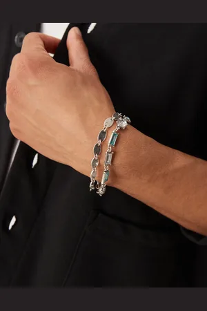 ASOS – 2er-Pack silberfarbene Gliederarmbänder mit Kristallbesatz und gehämmerten, ovalen Gliedern