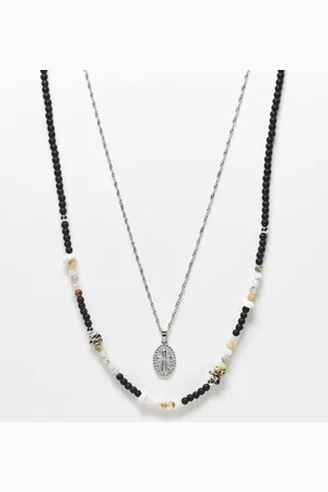 ASOS – 2er-Pack Halsketten in Silber und mit Perlendesign, Halbedelsteinen und Kreuz-Münzanhänger aus Edelstahl