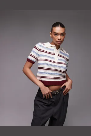 Topshop – Polotop aus Häkelstrick mit Streifen in Burgunderrot, Blau und Ecru