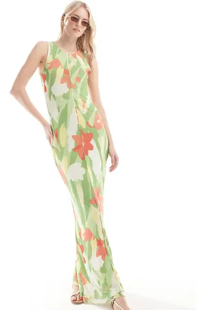 VERO MODA – Ärmelloses Netzstoff-Kleid mit grünem Blumenmuster und Kräuselsaum