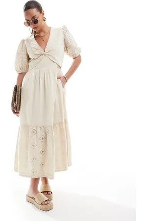 French Connection – Cambria – Baumwoll-Midikleid aus Baumwolle in Beige
