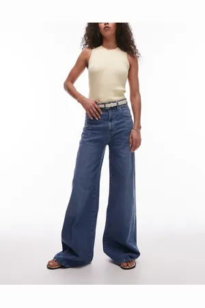MANGO – Elise – Longline-Jeans in Mittelblau mit weitem Bein