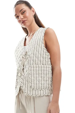 ONLY – Steppweste in Beige gestreift mit Schnürung vorne