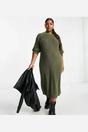 Noisy May – Midi-Strickkleid in Khaki mit Seitenschlitz