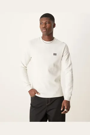 Calvin Klein – Langärmliges Oberteil in Wollweiß mit Waffelstruktur und Logo aus Webstoff