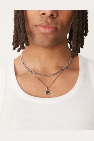 ASOS – 2er-Pack Silberfarbene Halsketten eine mit Moosachat-Halbedelstein-Anhänger im geschmolzenem Design