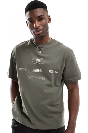 Pull&Bear – T-Shirt in Khaki mit Rückenprint