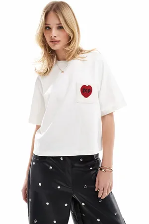 SCALPERS – T-Shirt in gebrochenem mit gehäkelter Brusttasche