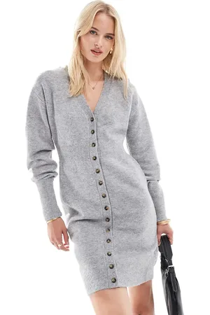 VERO MODA – Minikleid aus Strick in Hellgrau meliert mit Knopfleiste