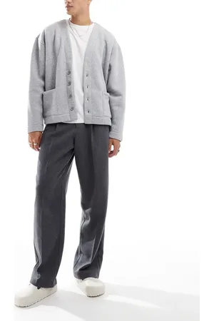 ASOS – Elegante Hose aus Wollmix in Anthrazit mit Fischgrätmuster, weitem Bein und Falten