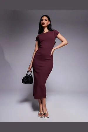 River Island – Kurzärmliges Midikleid in Dunkelrot
