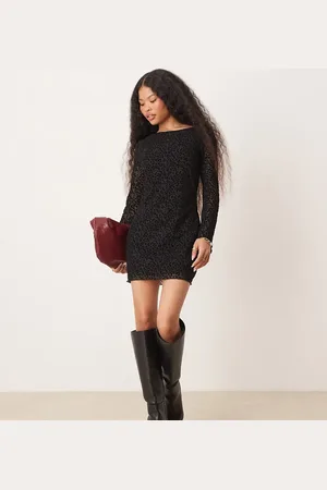 New Look – Langärmliges Minikleid aus Netzstoff in mit geflocktem Leopardenmuster