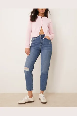 New Look – Mom-Jeans in dunkelblauer Waschung mit Zierrissen