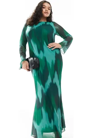 VERO MODA – Langärmliges Maxikleid aus Mesh in Dunkelgrün mit abstraktem Muster