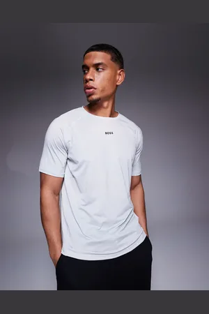 HUGO BOSS – Active – Schmal geschnittenes T-Shirt in Hellgrau mit mittigem kleinem Logo
