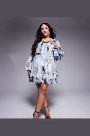 ASOS ASOS DESIGN Curve – Minikleid mit ungesäumten Kanten, Korsettdetail, Blousonärmeln und verschwommenem Muster