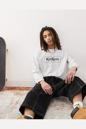 Kickers – Langärmliges T-Shirt in meliertem Hellgrau mit marineblauem Schriftzug