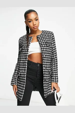 & OTHER STORIES – Kragenlose Jacke mit Hahnentrittmuster in Schwarz und Weiß