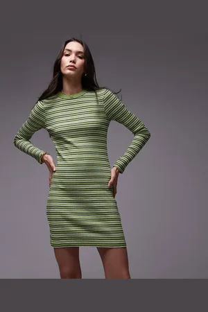Topshop – Langärmliges Minikleid in Grün gestreift