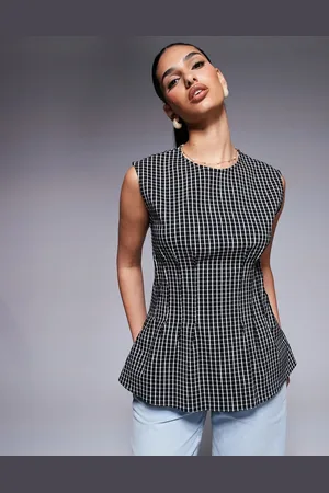 River Island – Oberteil aus Bengaline in kariert mit Biesen