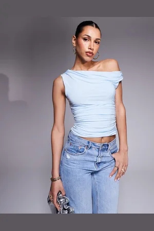 Missyempire Missy Empire Exklusiv – Anschmiegsames, doppellagiges und schulterfreies Oberteil in Babyblau