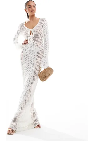 4th & Reckless – Maxi-Strandkleid aus Häkelstrick in Creme mit Trompetenärmeln und Schlüsselloch-Cut-out
