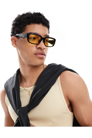 Only & Sons – Rechteckige Sonnenbrille in Schwarz mit gelben Gläsern