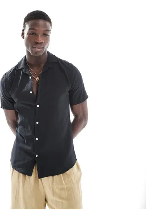Only & Sons – Hemd aus Leinen-Mix in Schwarz mit Reverskragen
