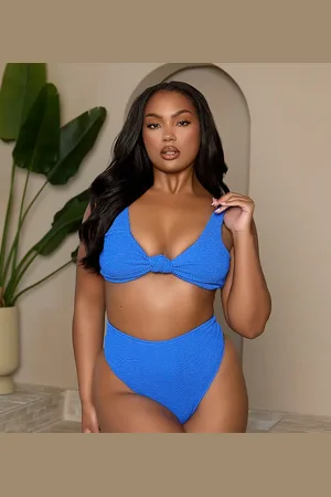 Moda Minx Curve X Bernadette Afia – Bikinihose in Kobaltblau mit Kräuselstruktur und hohem Bund